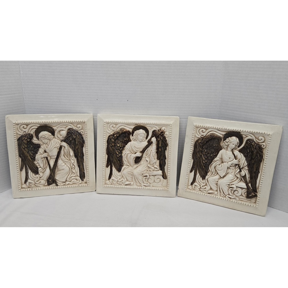 Vtg Gothic Angel Plaster Wall Plaques Set/3 Guardian Angel Chalkware Shabby Chic